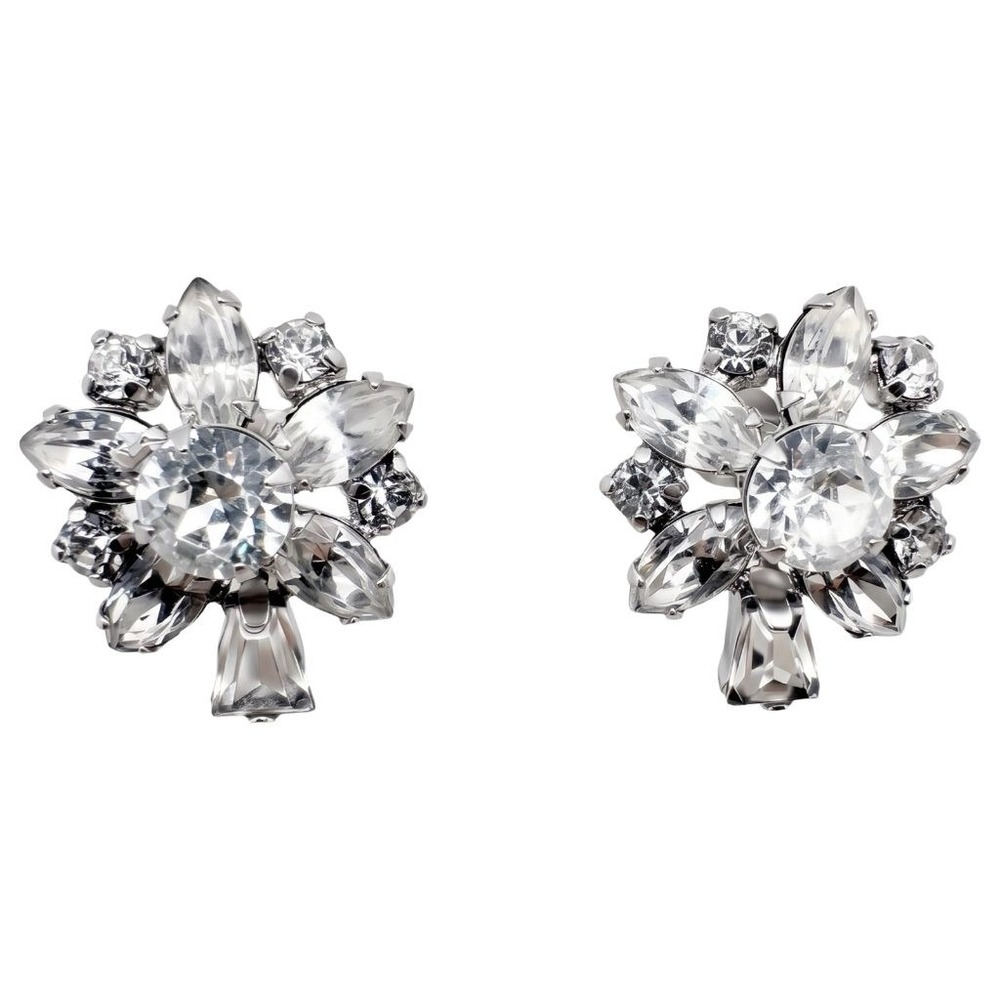 Vintage Sherman Clear Crystal Cluster Screw Back Earrings Rhodium Canada 1950s